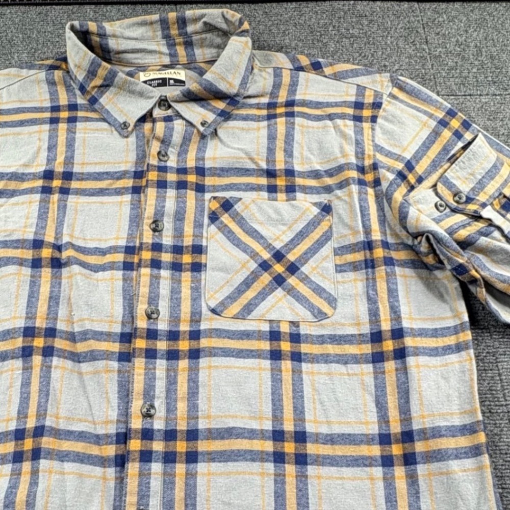 Magellan Outdoors Canyon Creek Mens XL Plaid Flannel Shirt Grey Blue Yellow